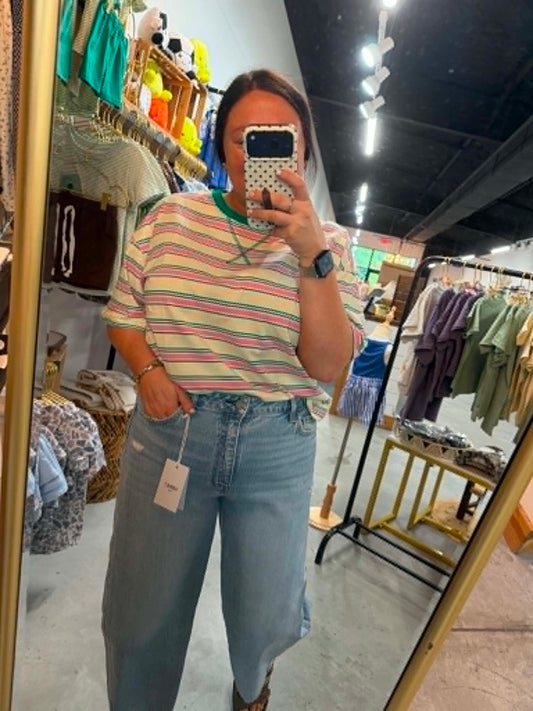 Pink Green Casual Striped Tee