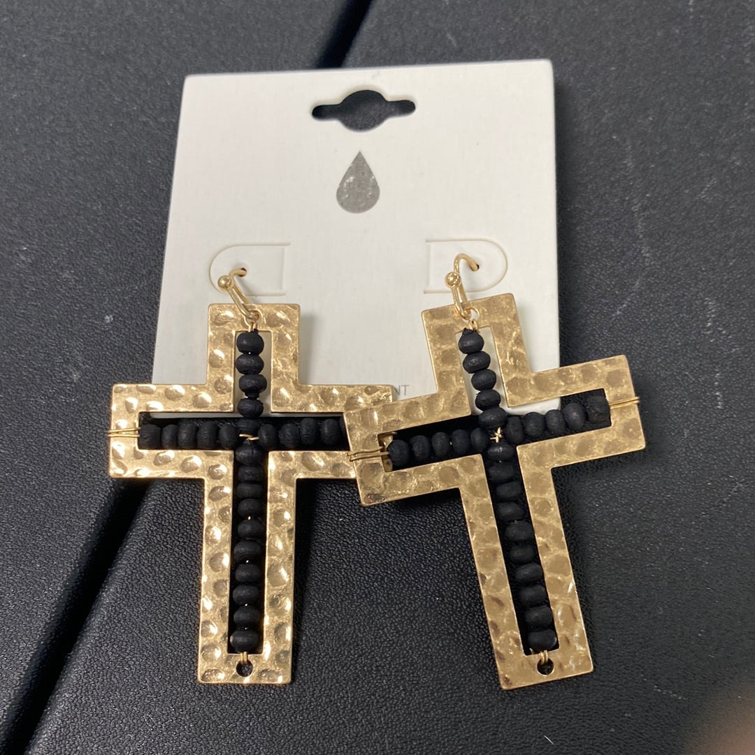 Black Beaded Cross Earrings