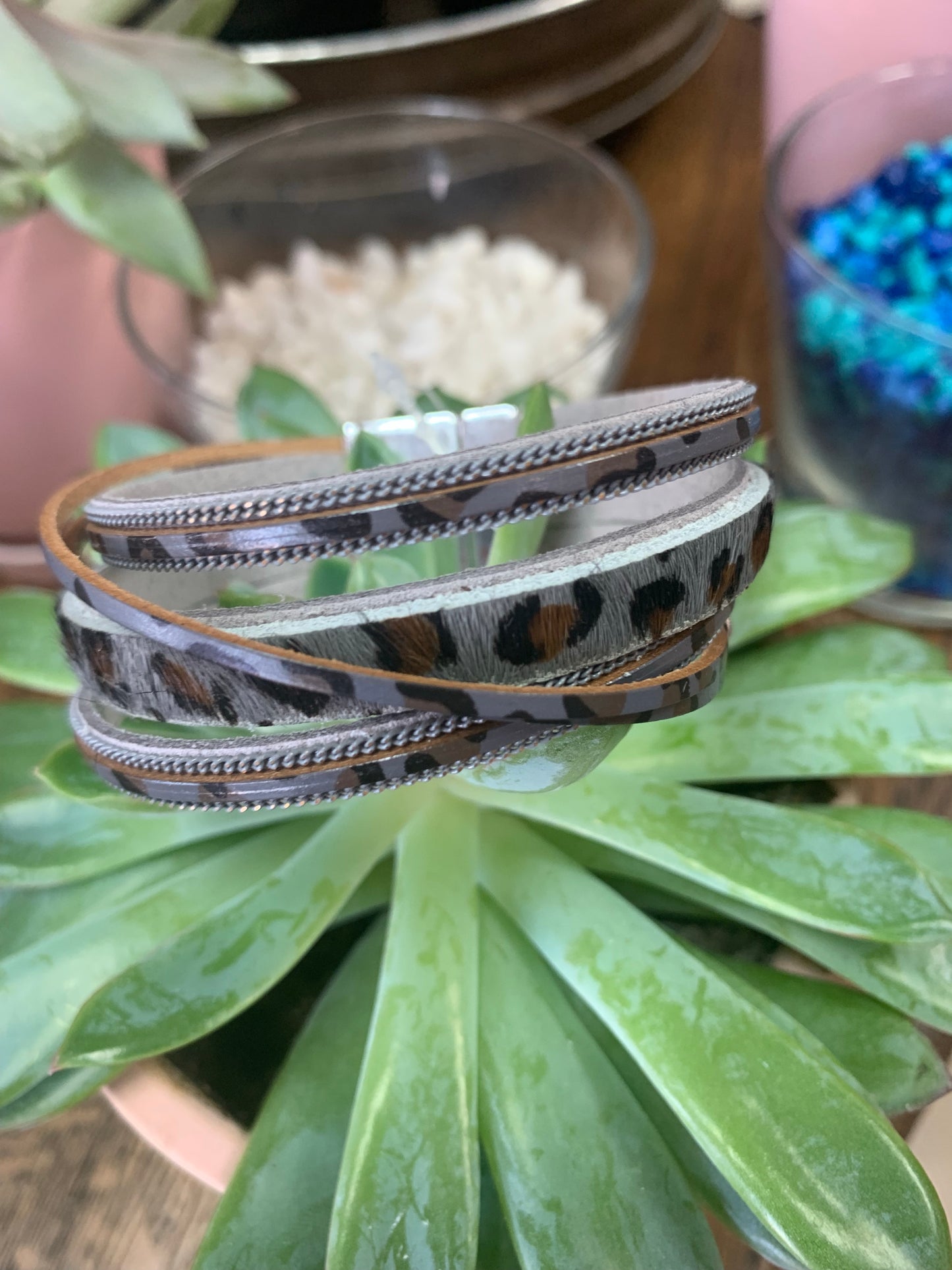 Leather Strand Leopard Print Bracelet