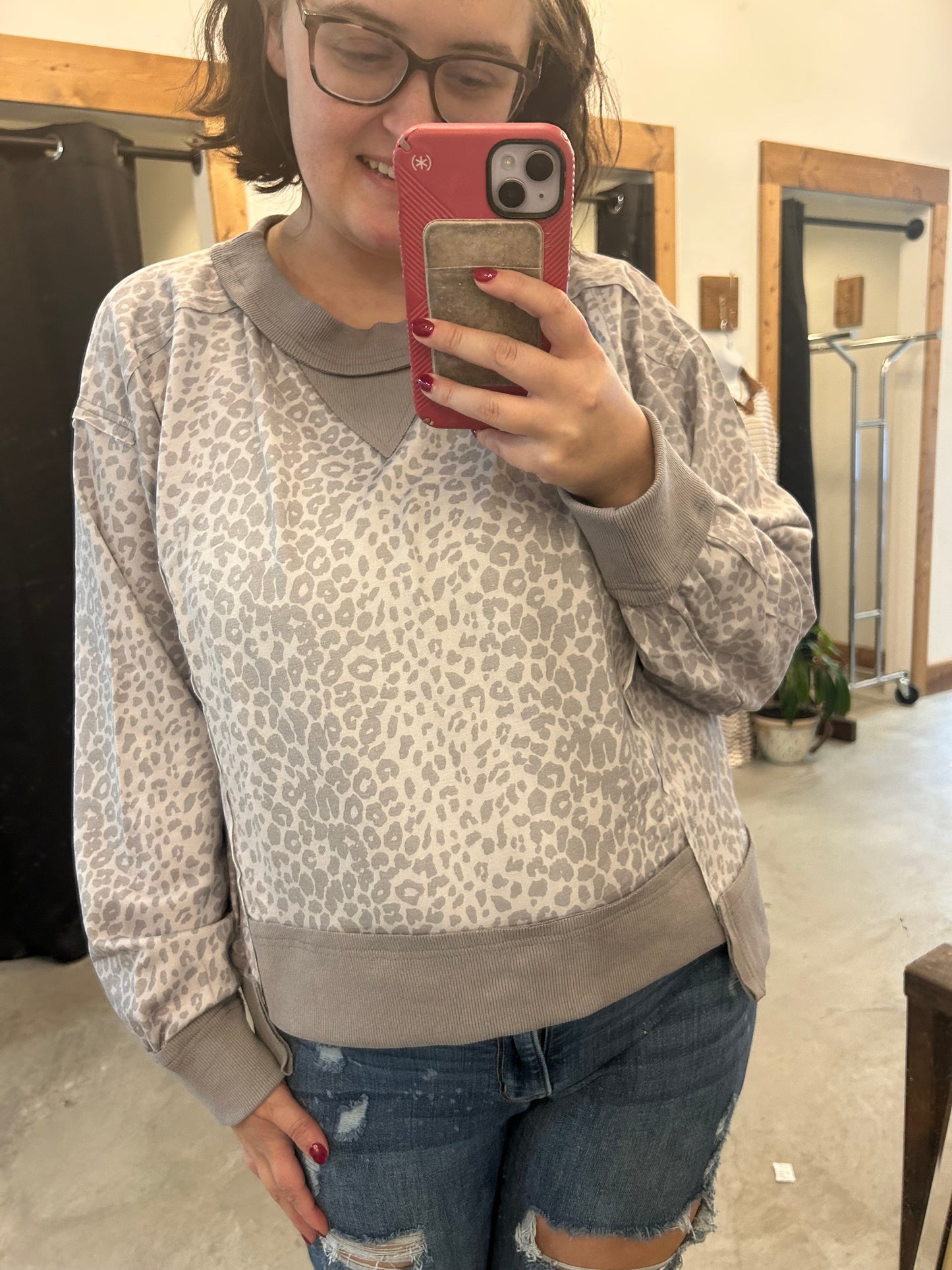 Gray leopard pullover