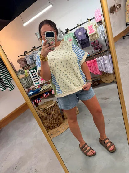 Blue Floral Colorblock Top