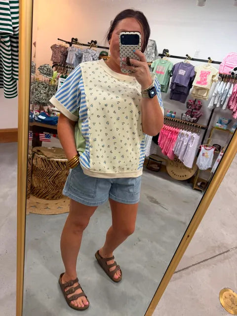 Blue Floral Colorblock Top