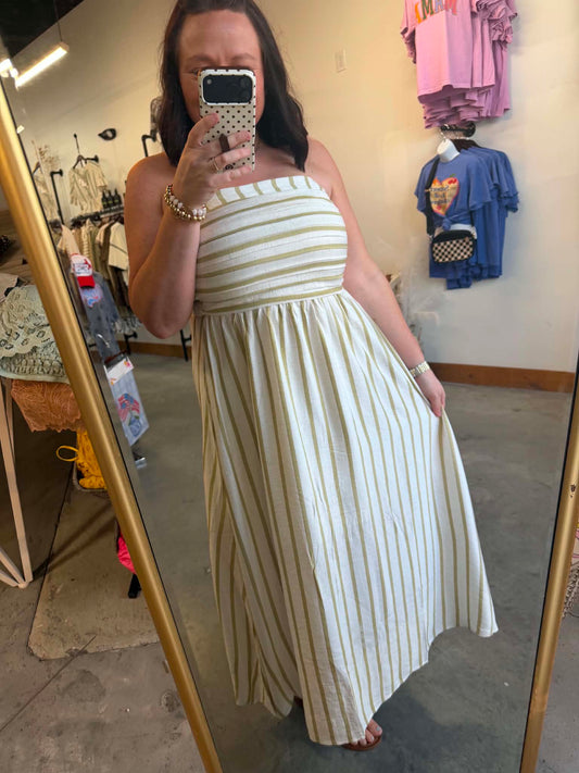 Green Striped Strapless Maxi