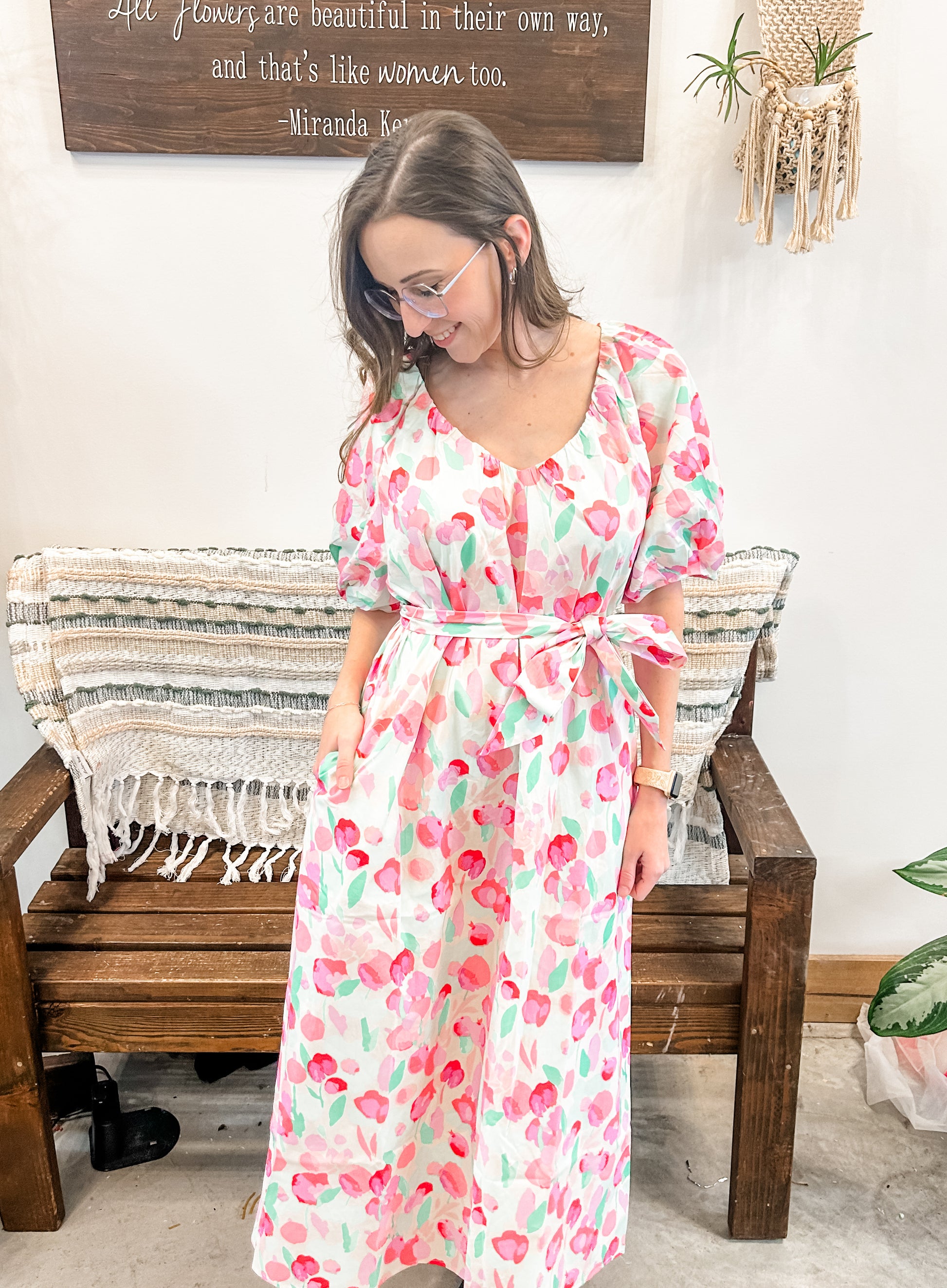 dress with tulips Talking Among the Tulips Ivory & Red Multi Floral Cotton Midi Dress