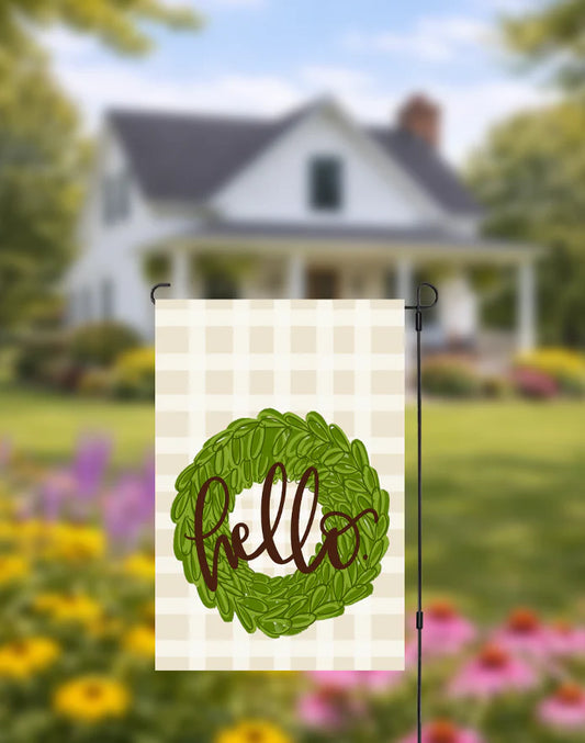 Boxwood Wreath Hello Garden Flag