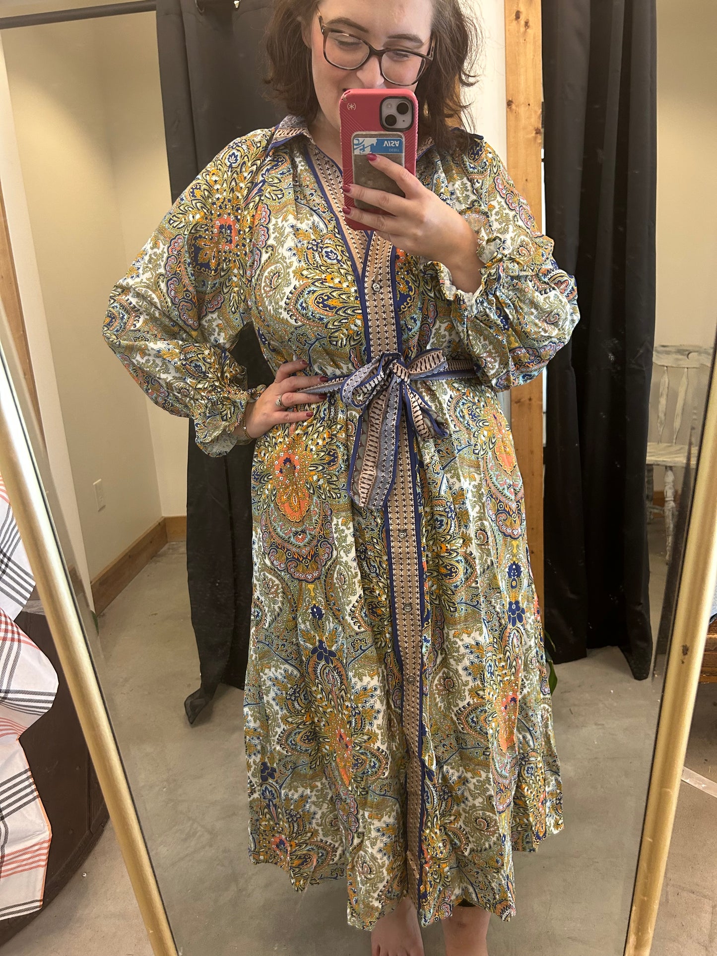 Blue Paisley Tie Waist Floral Dress