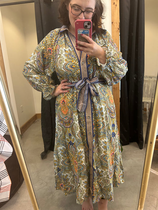 Blue Paisley Tie Waist Floral Dress