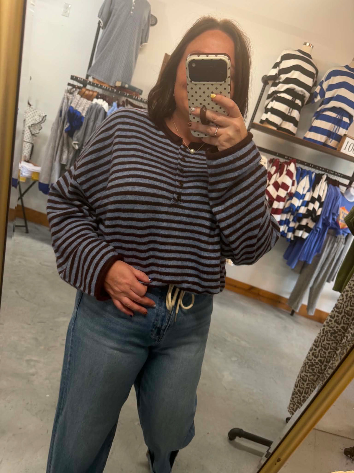 Brown Striped Henley Button Sweater