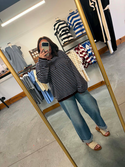 Brown Striped Henley Button Sweater
