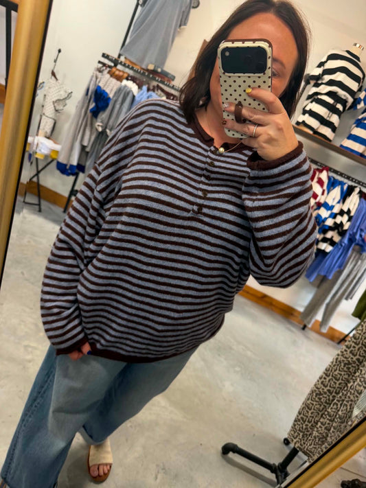 Brown Striped Henley Button Sweater
