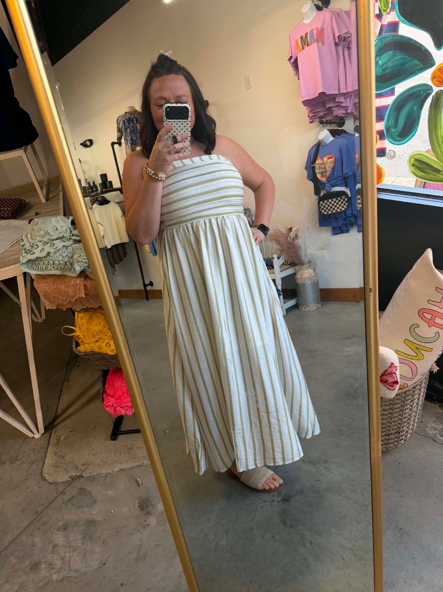 Green Striped Strapless Maxi