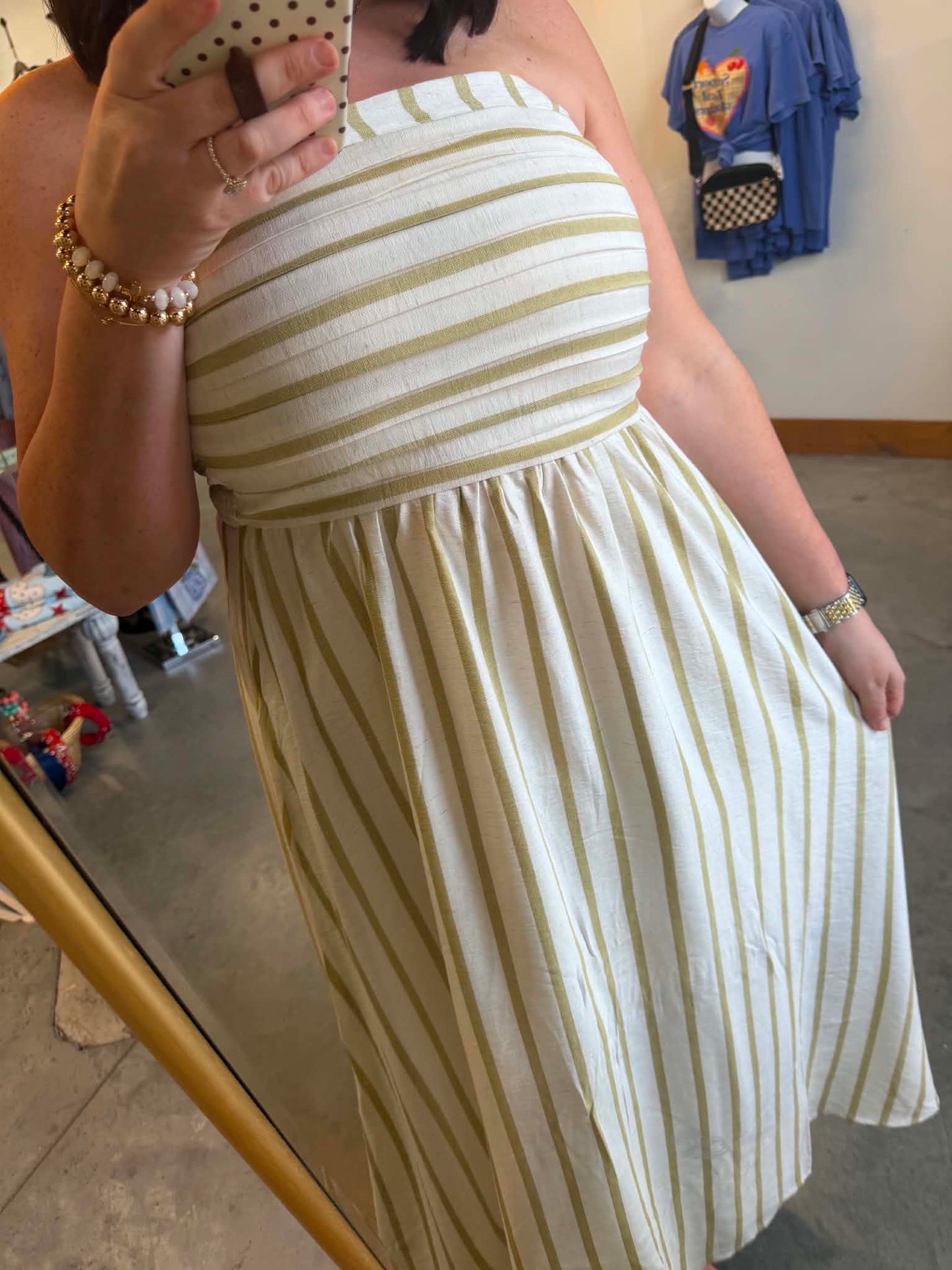 Green Striped Strapless Maxi