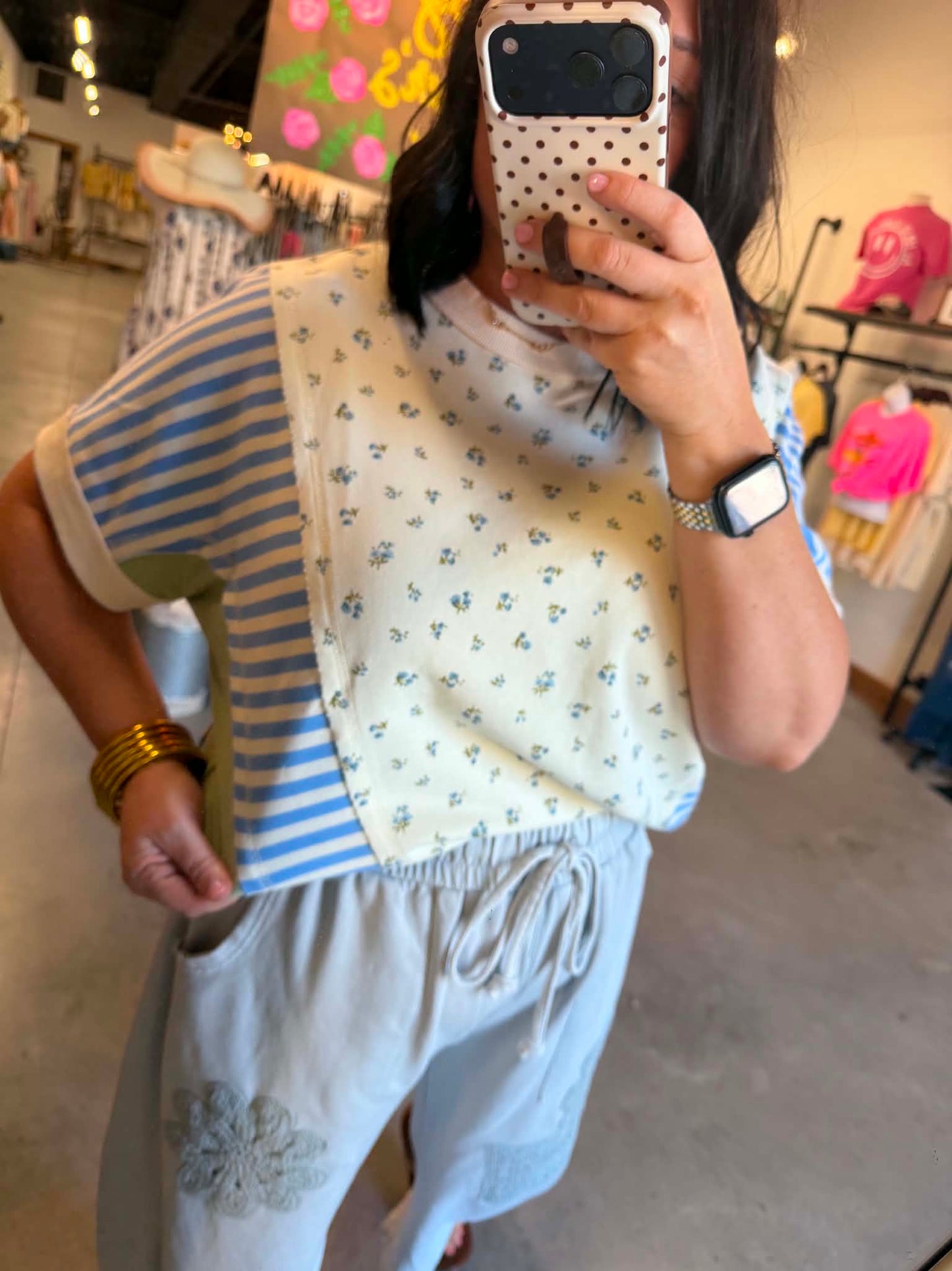 Blue Floral Colorblock Top