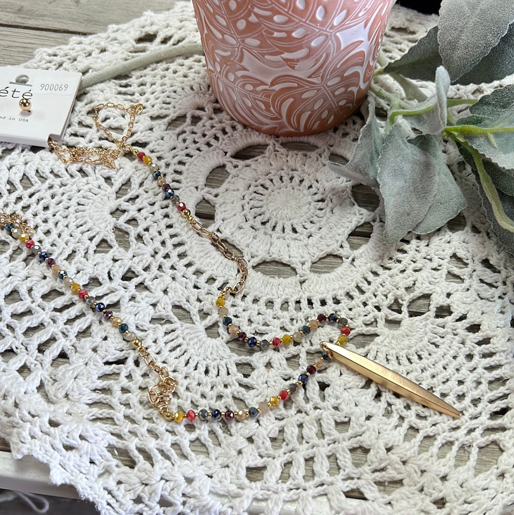 Multi color Beaded Necklace with gold dangle