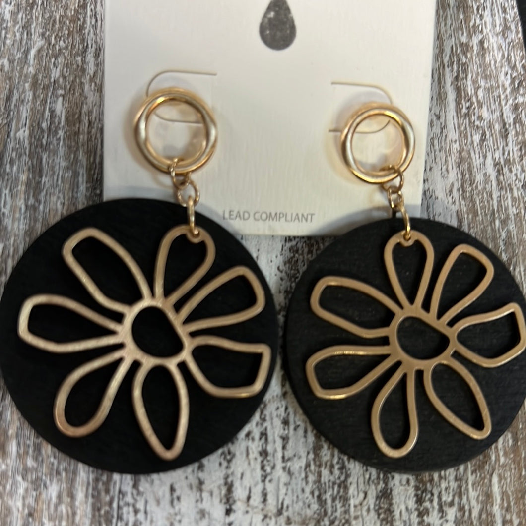 Gold Tone Flower Wood Earrings