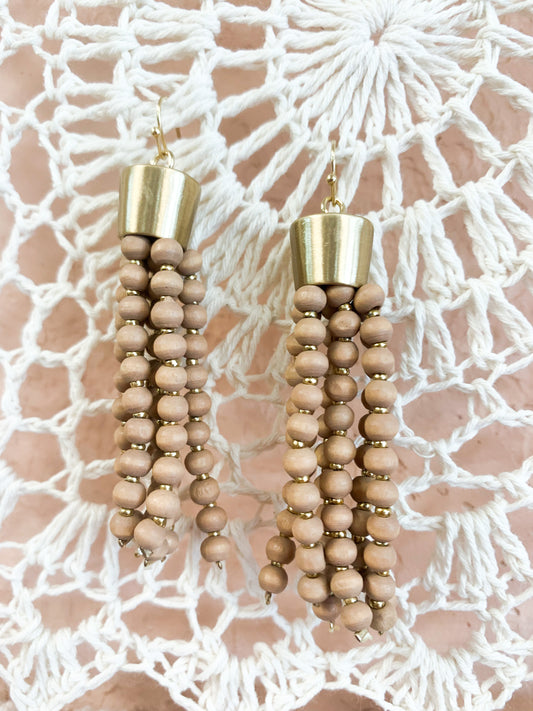 Wood Bead Tassel Earrings